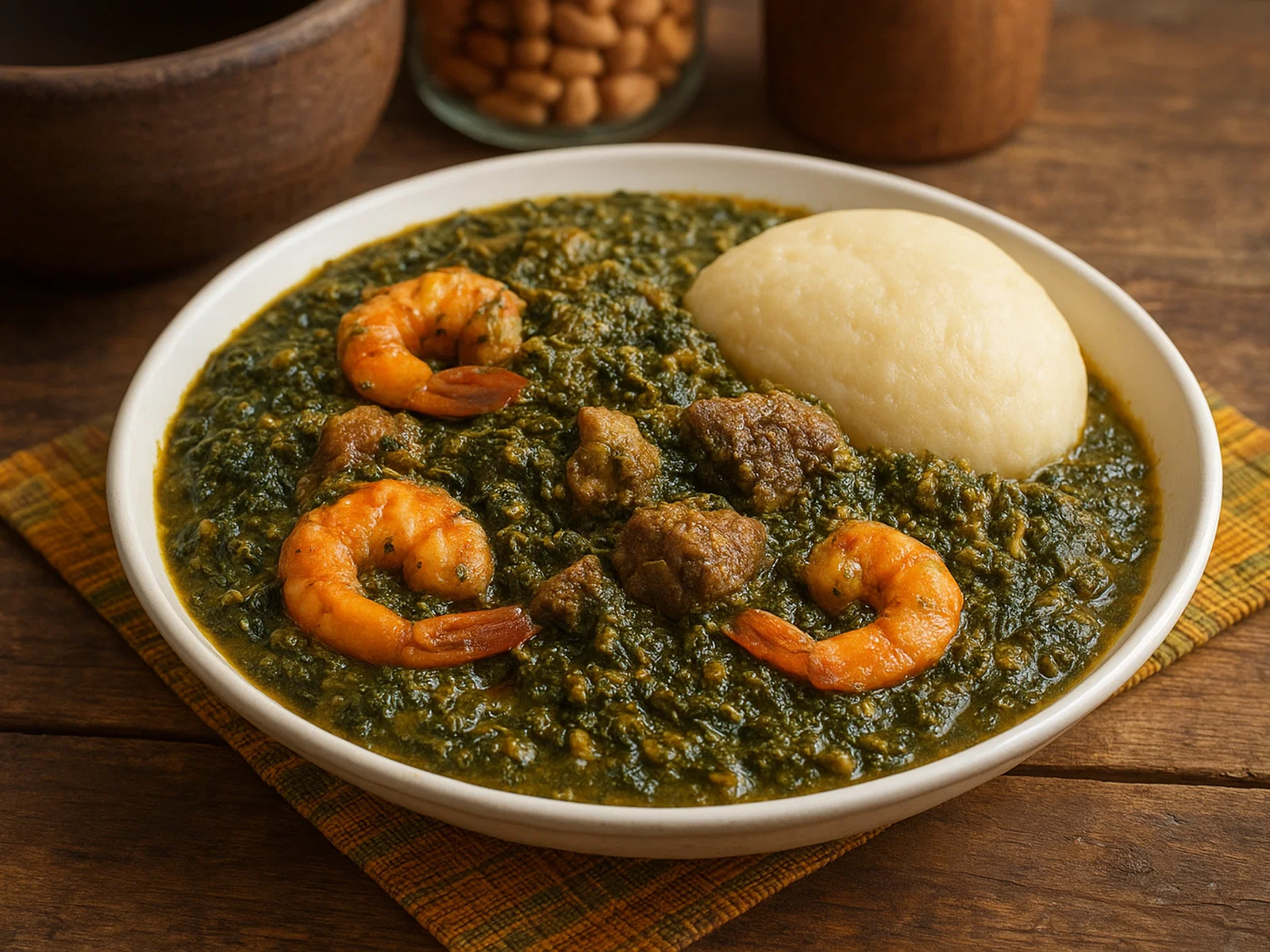 Ndolé – Kamerunischer Erdnuss-Blatt-Eintopf mit Rindfleisch und Garnelen