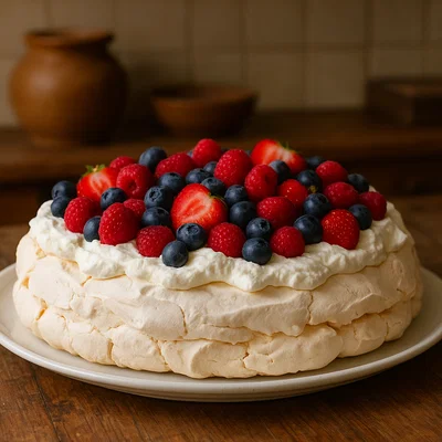 Klassische Pavlova mit frischen Beeren