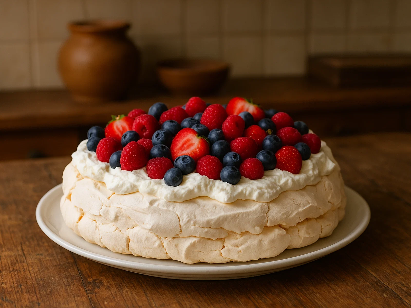 Klassische Pavlova mit frischen Beeren