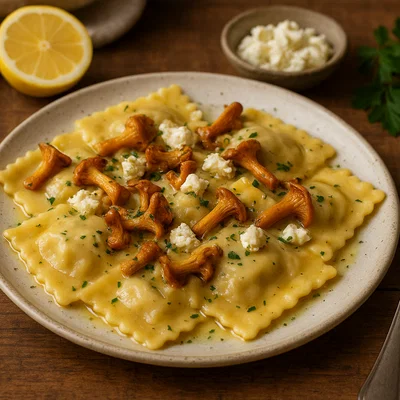 Ravioli mit Pfifferlingen und Ziegenkäse in Zitronen-Olivenöl-Sauce