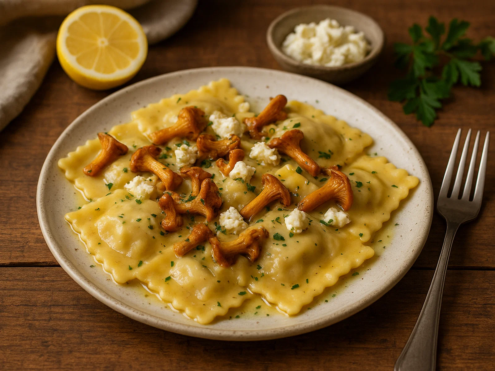 Ravioli mit Pfifferlingen und Ziegenkäse in Zitronen-Olivenöl-Sauce