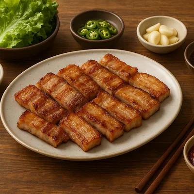 Koreanisches Samgyeopsal mit Beilagen und Dips