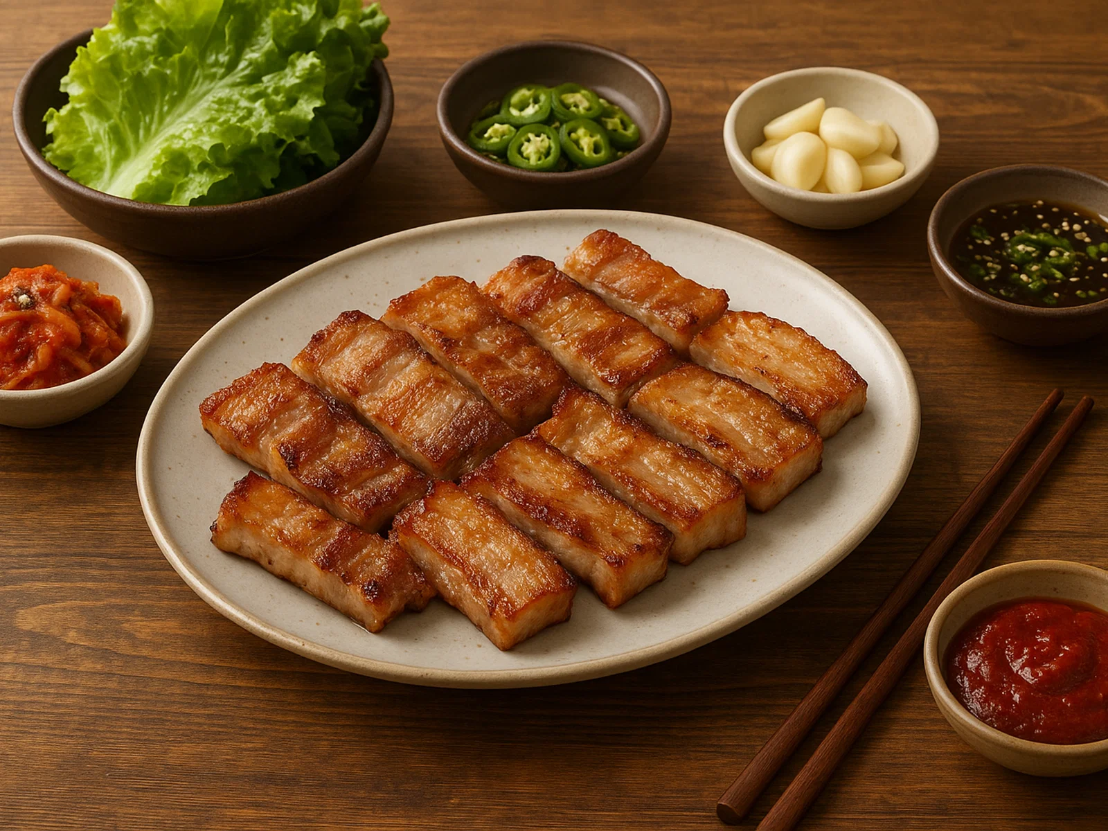 Koreanisches Samgyeopsal mit Beilagen und Dips