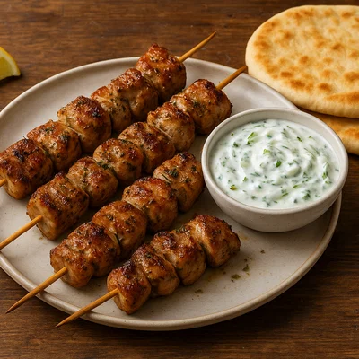 Griechische Souvlaki-Spieße mit Tzatziki und Pita