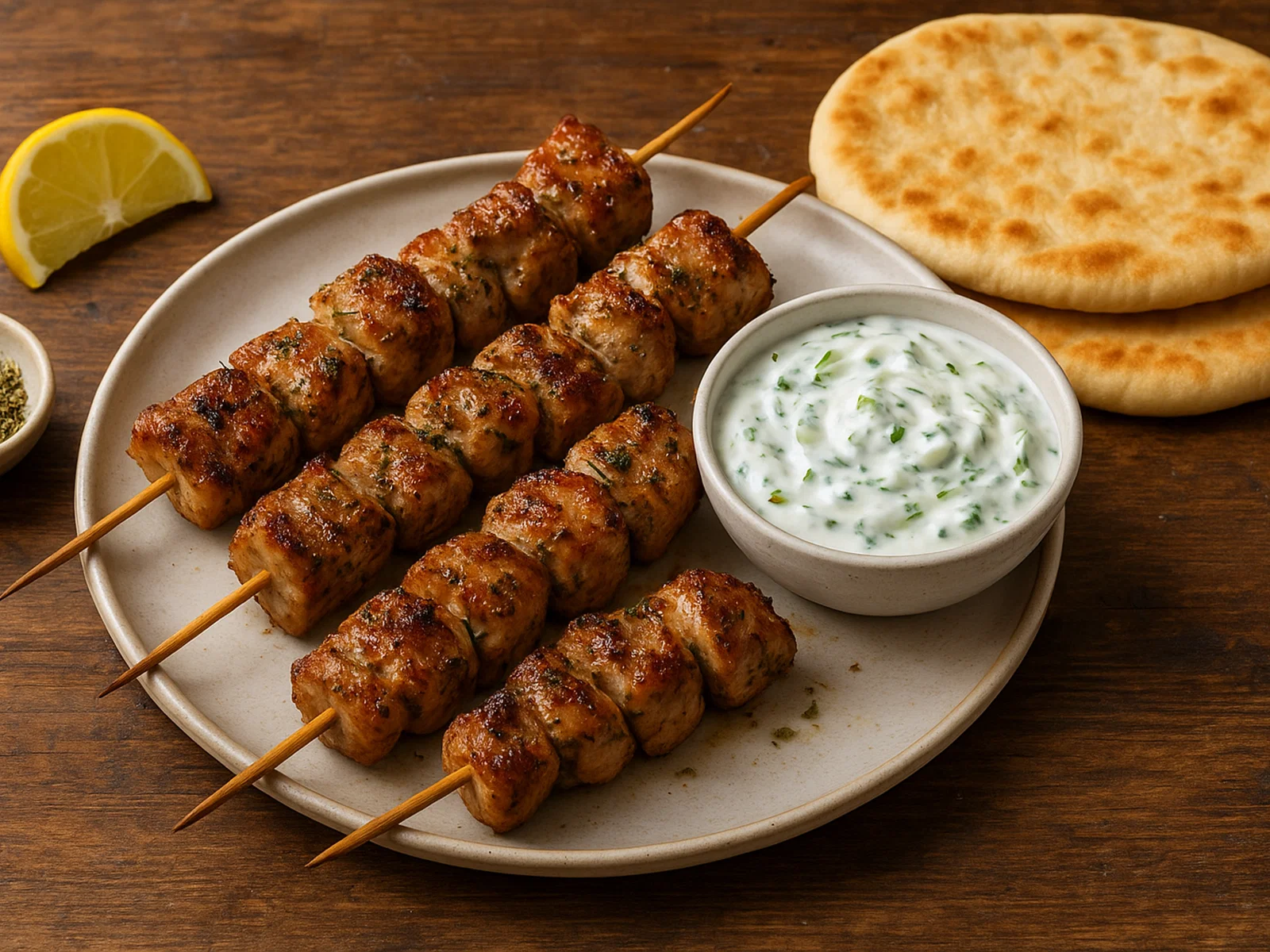 Griechische Souvlaki-Spieße mit Tzatziki und Pita