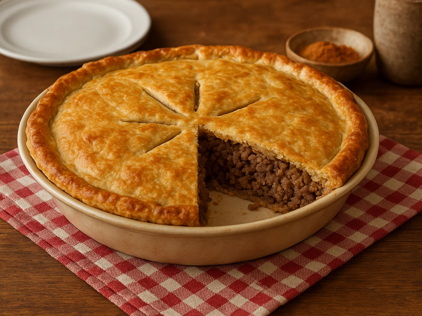 Klassische kanadische Tourtière (würziger Fleischkuchen)