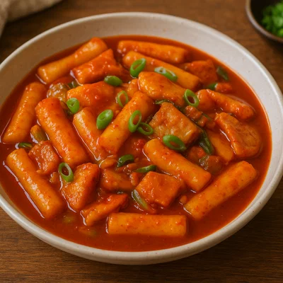 Klassische koreanische Tteokbokki (würzige Reiskuchen)