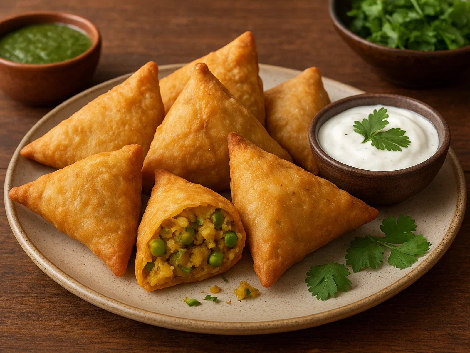 Knusprige Gemüse-Samosas mit Kartoffel-Erbsen-Füllung