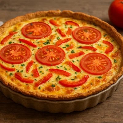 Vegetarische Quiche mit Sauerrahm, Käse, Tomate und Paprika