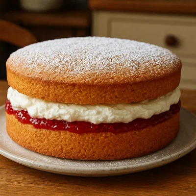 Klassischer Victoria Sponge Cake mit Erdbeermarmelade und Sahne