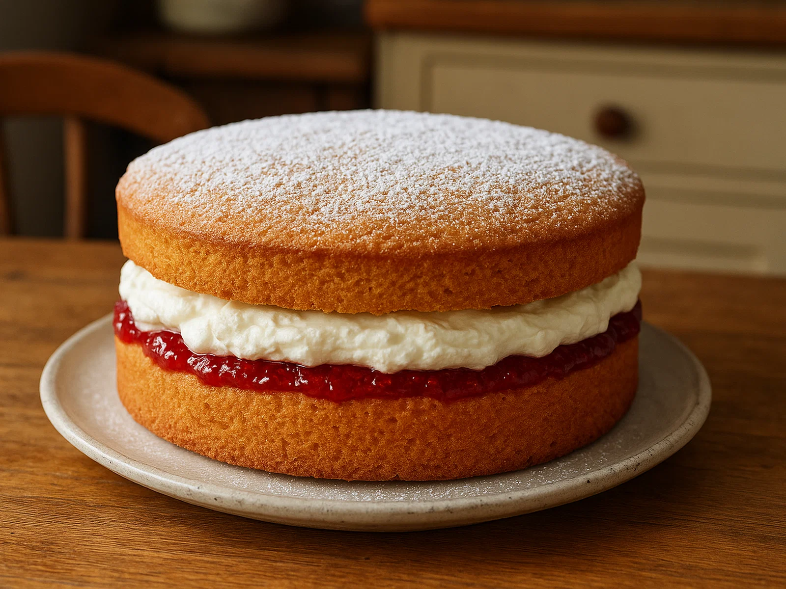 Klassischer Victoria Sponge Cake mit Erdbeermarmelade und Sahne