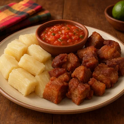 Yuca con Chicharrón mit würziger Tomatensalsa