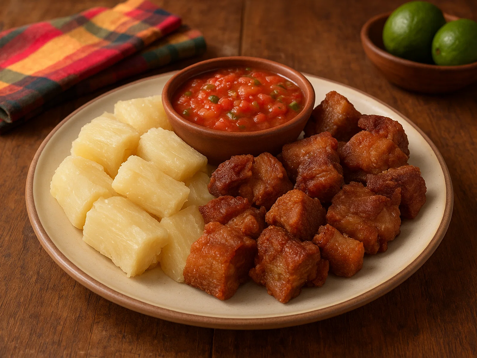 Yuca con Chicharrón mit würziger Tomatensalsa