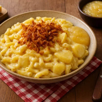 Älplermagronen mit Röstzwiebeln und Apfelmus