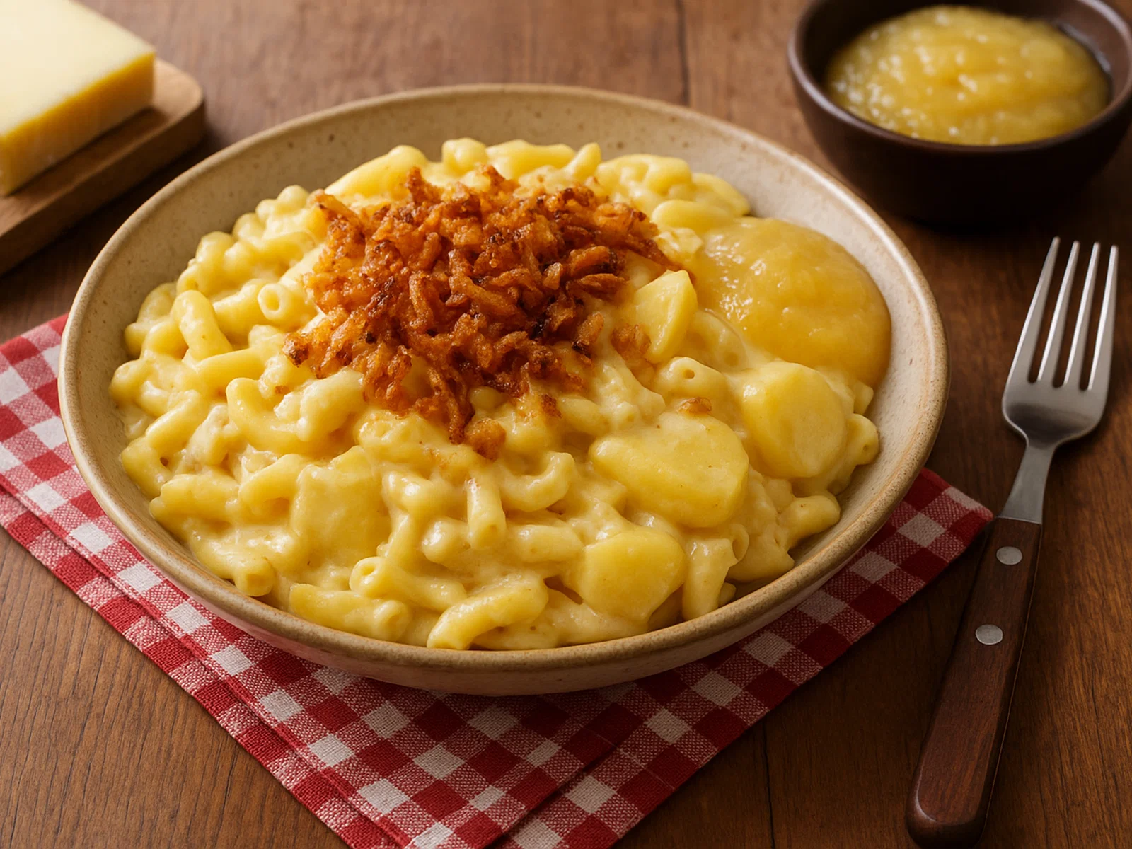 Älplermagronen mit Röstzwiebeln und Apfelmus