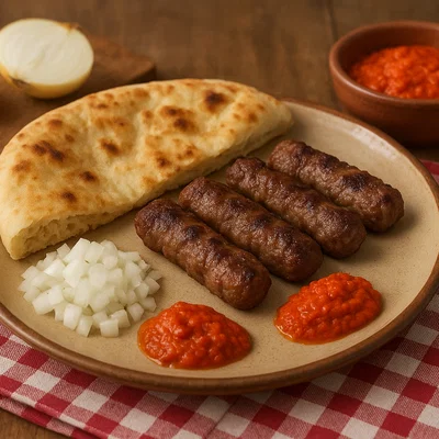 Hausgemachte Ćevapi vom Grill mit Fladenbrot, Zwiebeln und Ajvar
