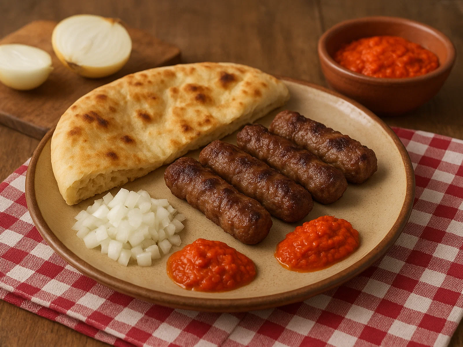 Hausgemachte Ćevapi vom Grill mit Fladenbrot, Zwiebeln und Ajvar