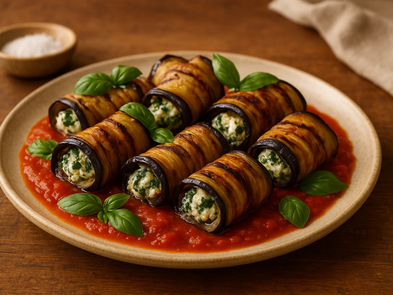 Auberginen-Röllchen mit Ricotta und Spinat