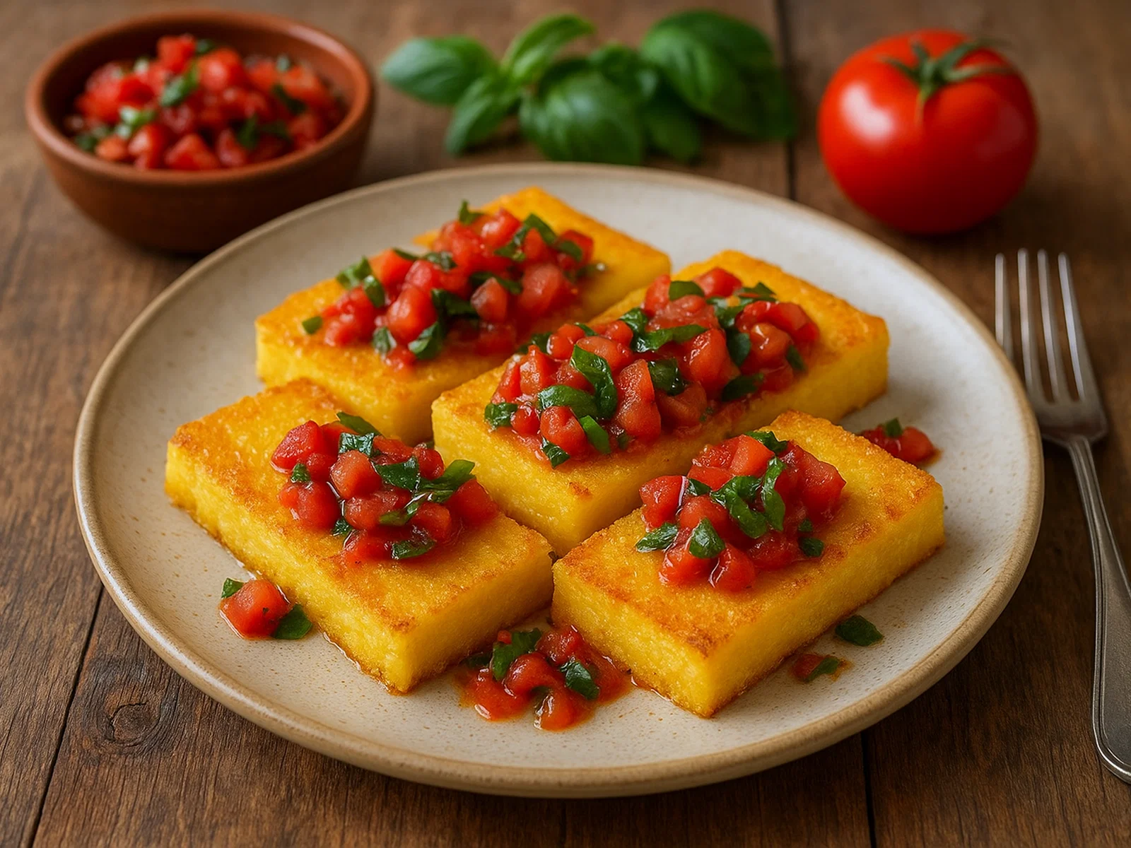 Polenta-Schnitten mit Tomaten-Basilikum-Salsa