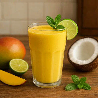 Cremiger Mango-Kokosnuss-Smoothie mit Limette und Minze