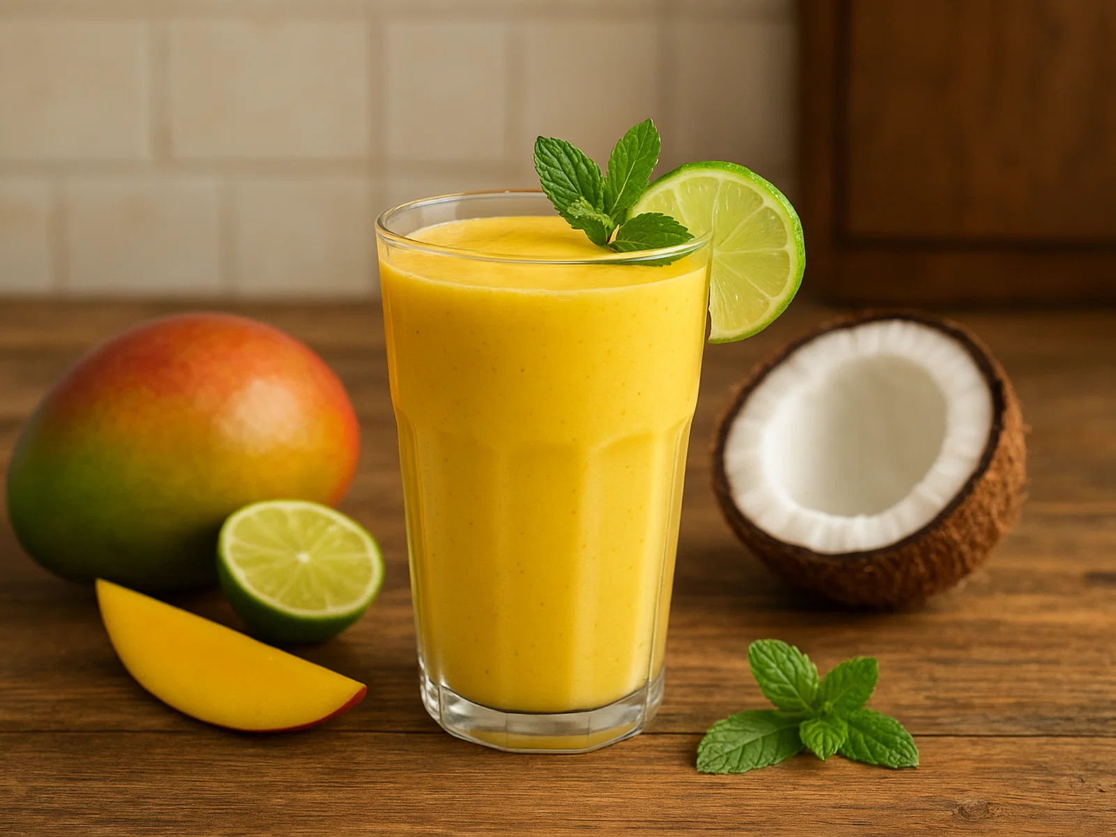 Cremiger Mango-Kokosnuss-Smoothie mit Limette und Minze