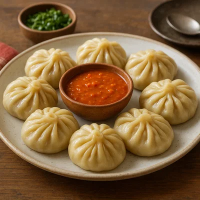 Tibetische Momos mit Fleisch-Gemüse-Füllung und würziger Dipsauce