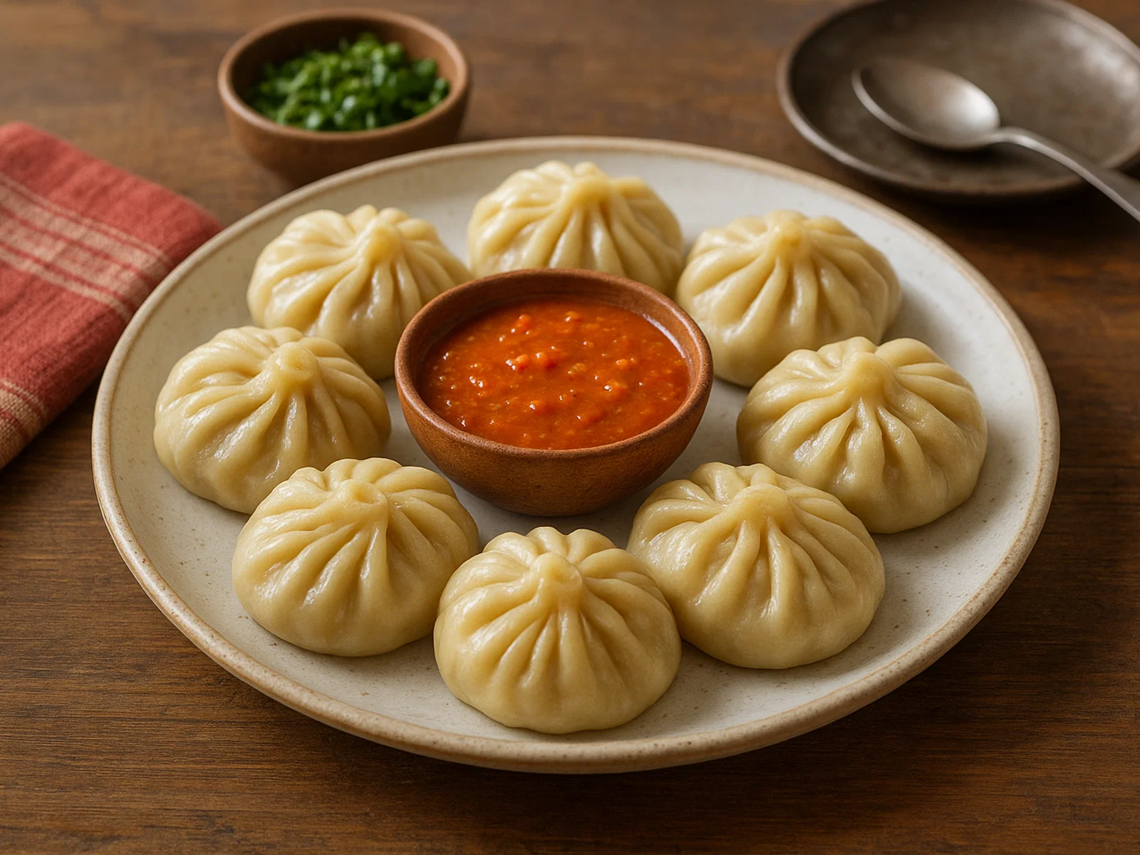Tibetische Momos mit Fleisch-Gemüse-Füllung und würziger Dipsauce