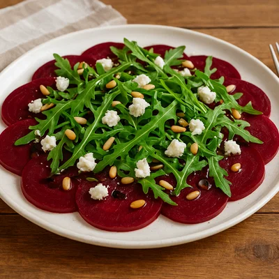 Rote-Bete-Carpaccio mit Rucola, Ziegenkäse und Pinienkernen