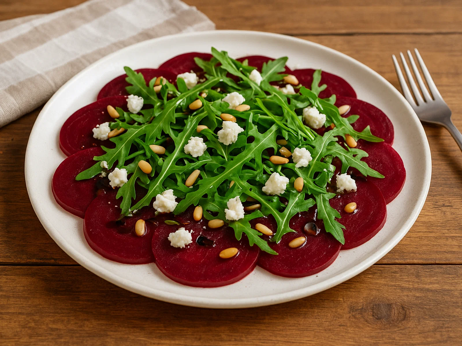 Rote-Bete-Carpaccio mit Rucola, Ziegenkäse und Pinienkernen