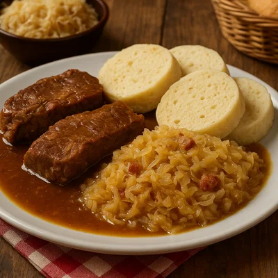 Vepřo-knedlo-zelo – Tschechischer Schweinebraten mit Knödeln und Sauerkraut