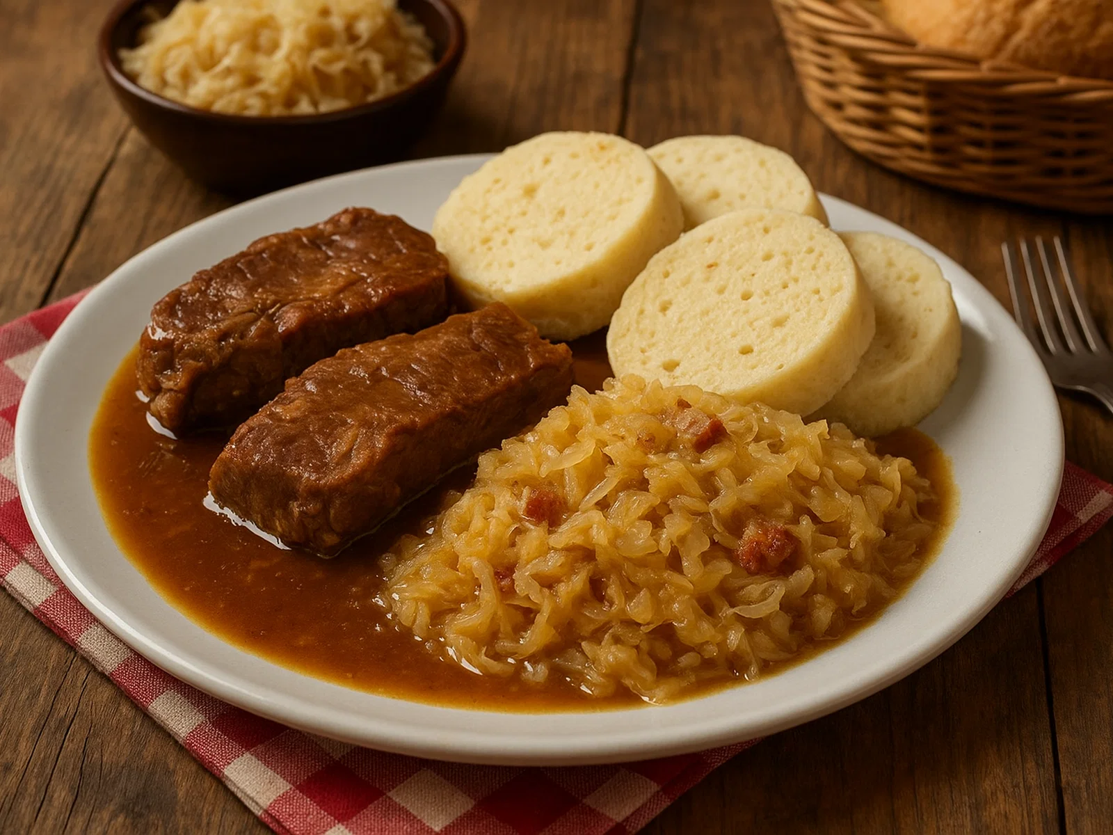Vepřo-knedlo-zelo – Tschechischer Schweinebraten mit Knödeln und Sauerkraut