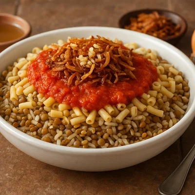 Ägyptisches Koshari mit Linsen, Reis und knusprigen Zwiebeln
