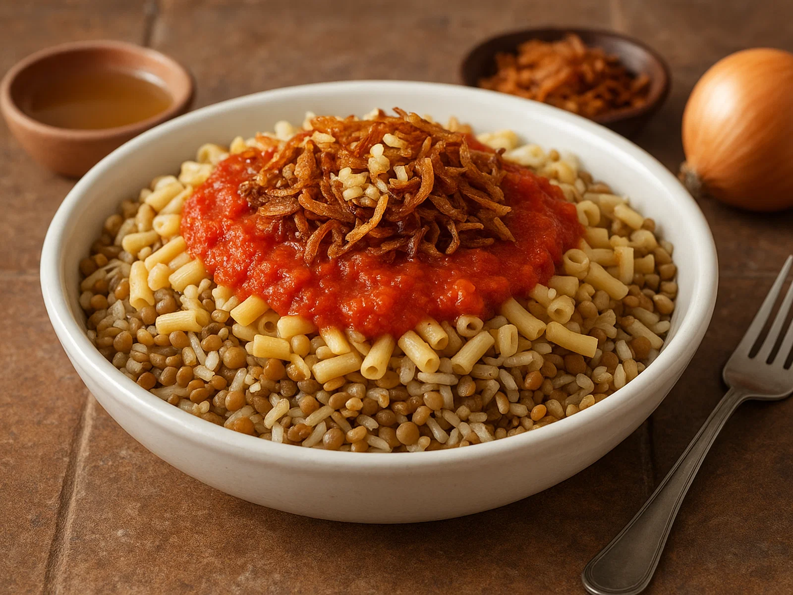 Ägyptisches Koshari mit Linsen, Reis und knusprigen Zwiebeln