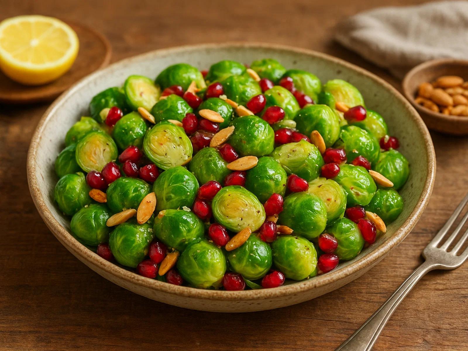 Rosenkohl-Salat mit Granatapfelkernen und Mandeln