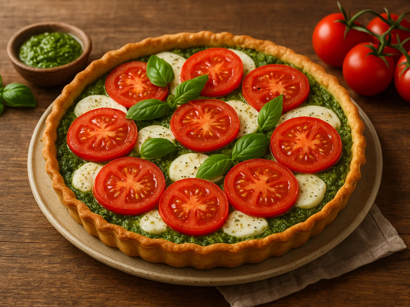 Tomaten-Mozzarella-Tarte mit Basilikum-Pesto