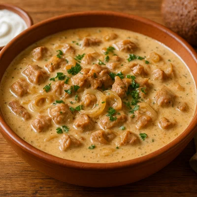 Belarussische Cmachanka mit Schweinefleisch und Zwiebeln
