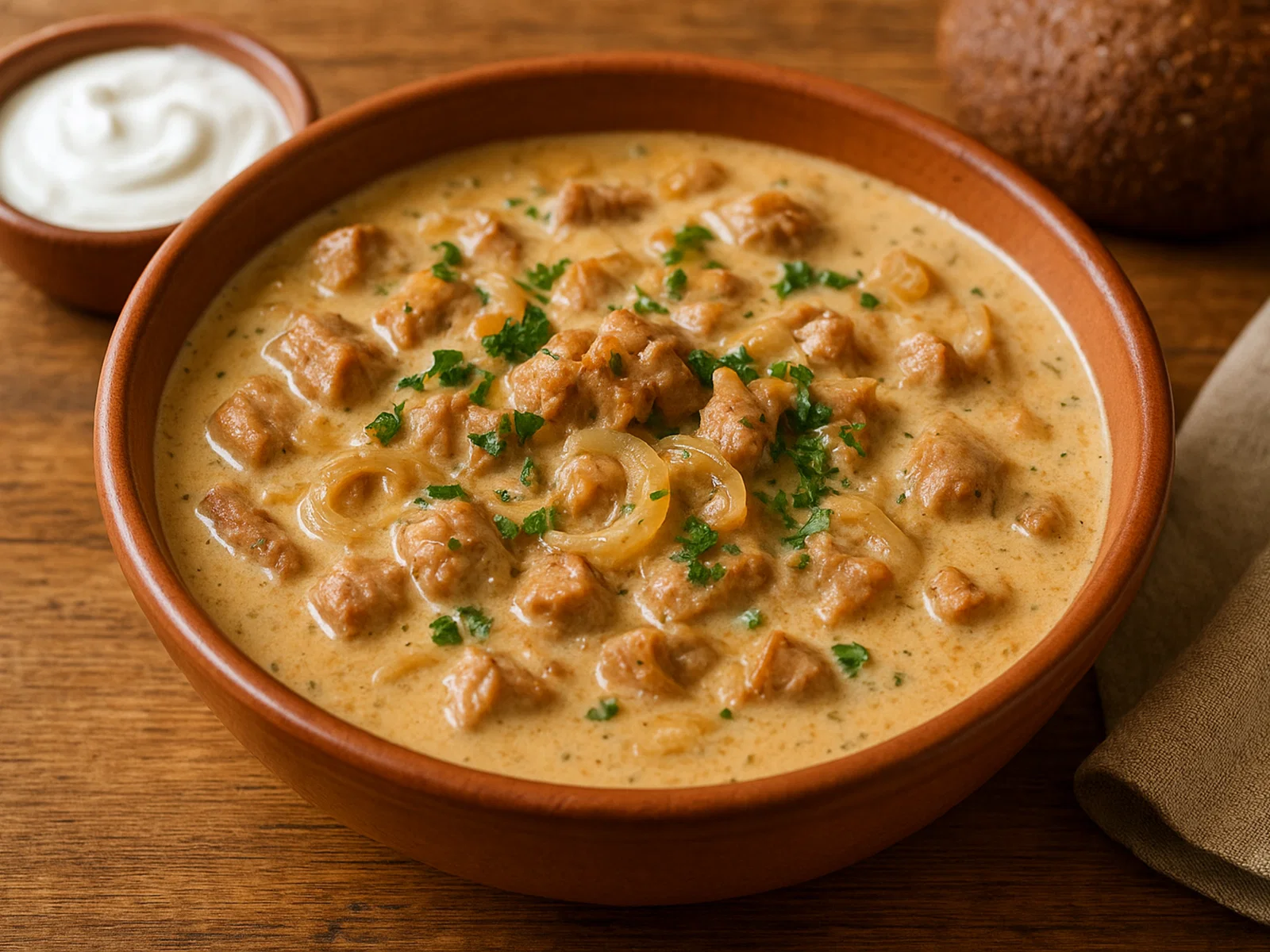 Belarussische Cmachanka mit Schweinefleisch und Zwiebeln