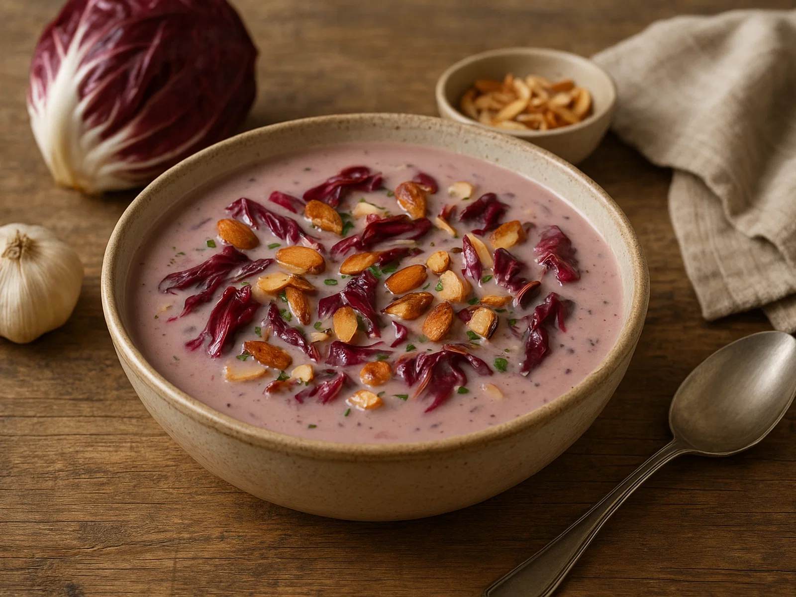 Radicchio-Suppe mit gerösteten Mandeln