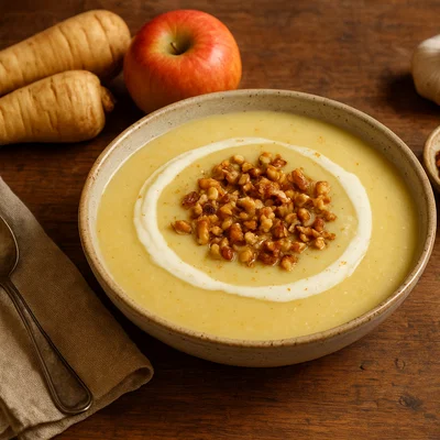Pastinaken-Apfel-Suppe mit Sahne und gerösteten Nüssen
