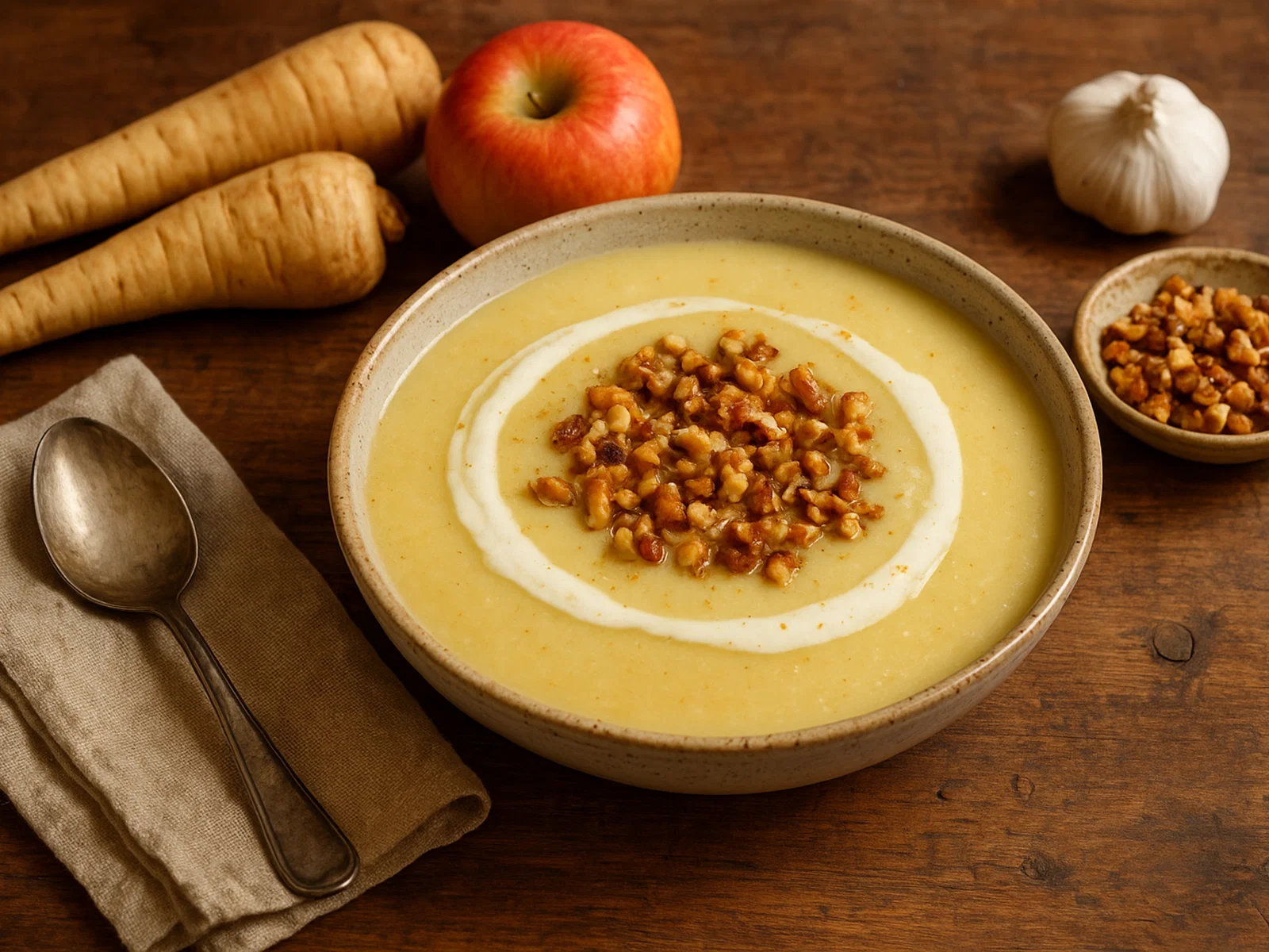 Pastinaken-Apfel-Suppe mit Sahne und gerösteten Nüssen