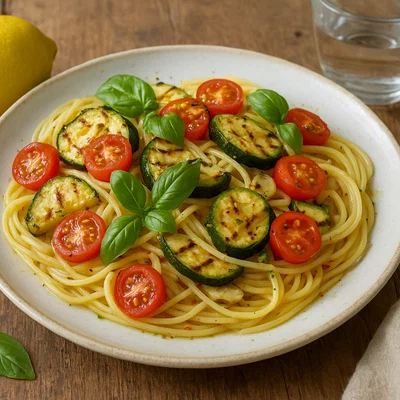 Pasta mit Zitrone und gegrilltem Zucchini-Tomaten-Medley