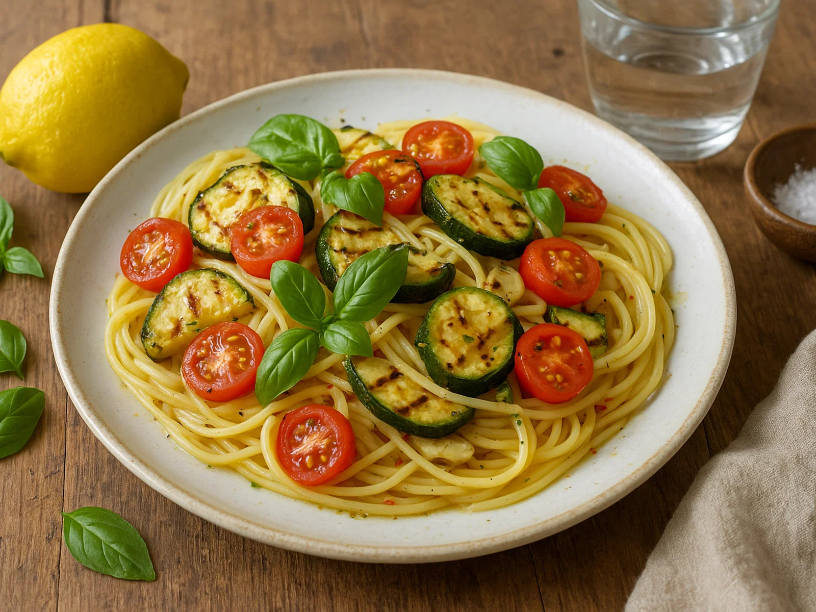 Pasta mit Zitrone und gegrilltem Zucchini-Tomaten-Medley