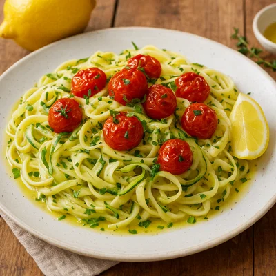Zitronen-Zucchini-Tagliatelle mit gebratenen Cocktailtomaten