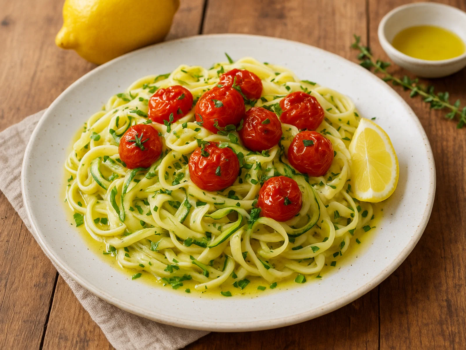 Zitronen-Zucchini-Tagliatelle mit gebratenen Cocktailtomaten
