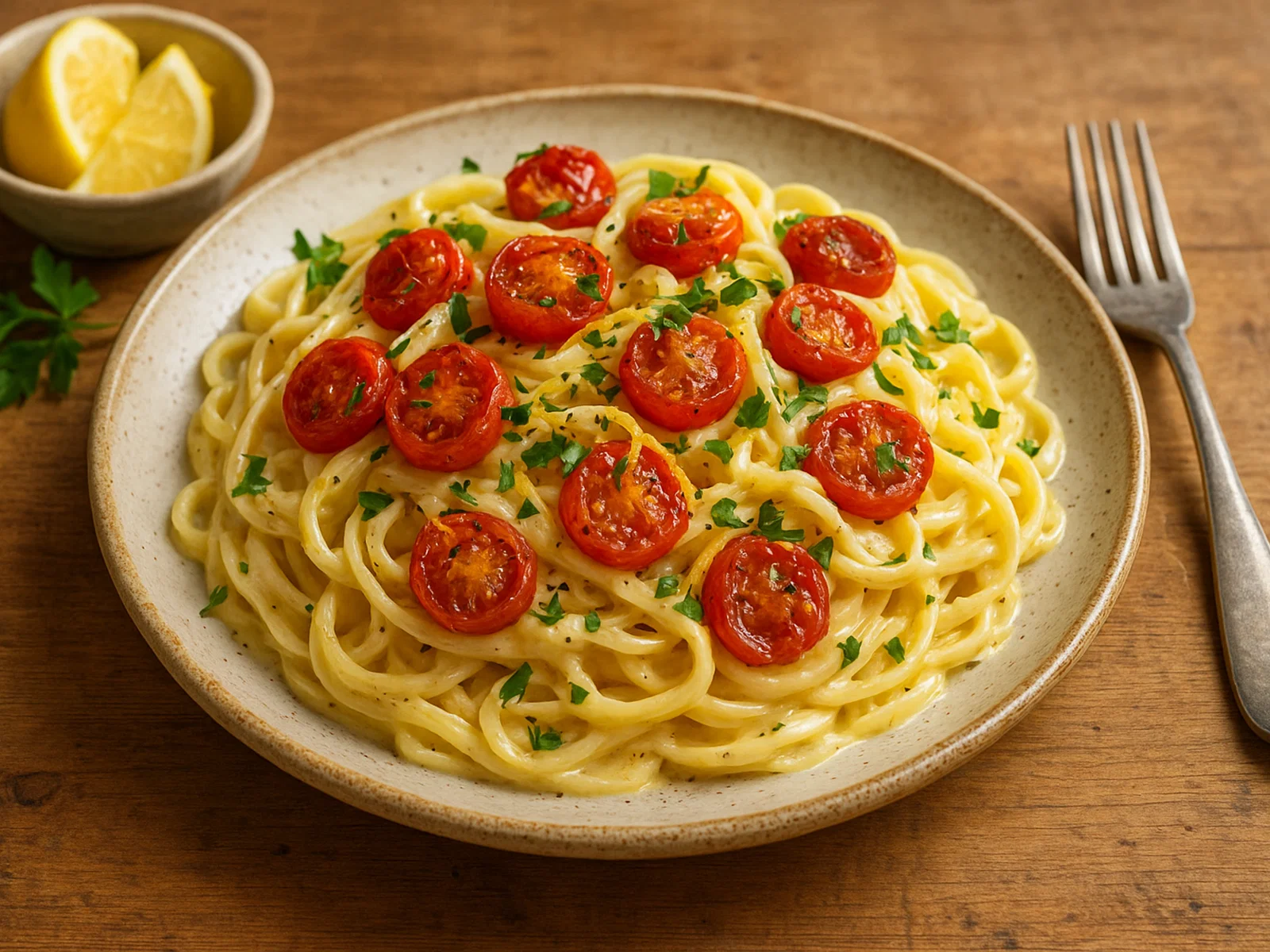 Zitronen-Ricotta-Pasta mit gerösteten Kirschtomaten