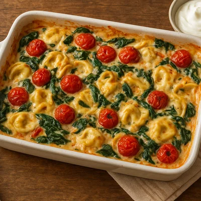 Vegetarischer Tortellini-Auflauf mit Tomaten, Spinat und saurer Sahne