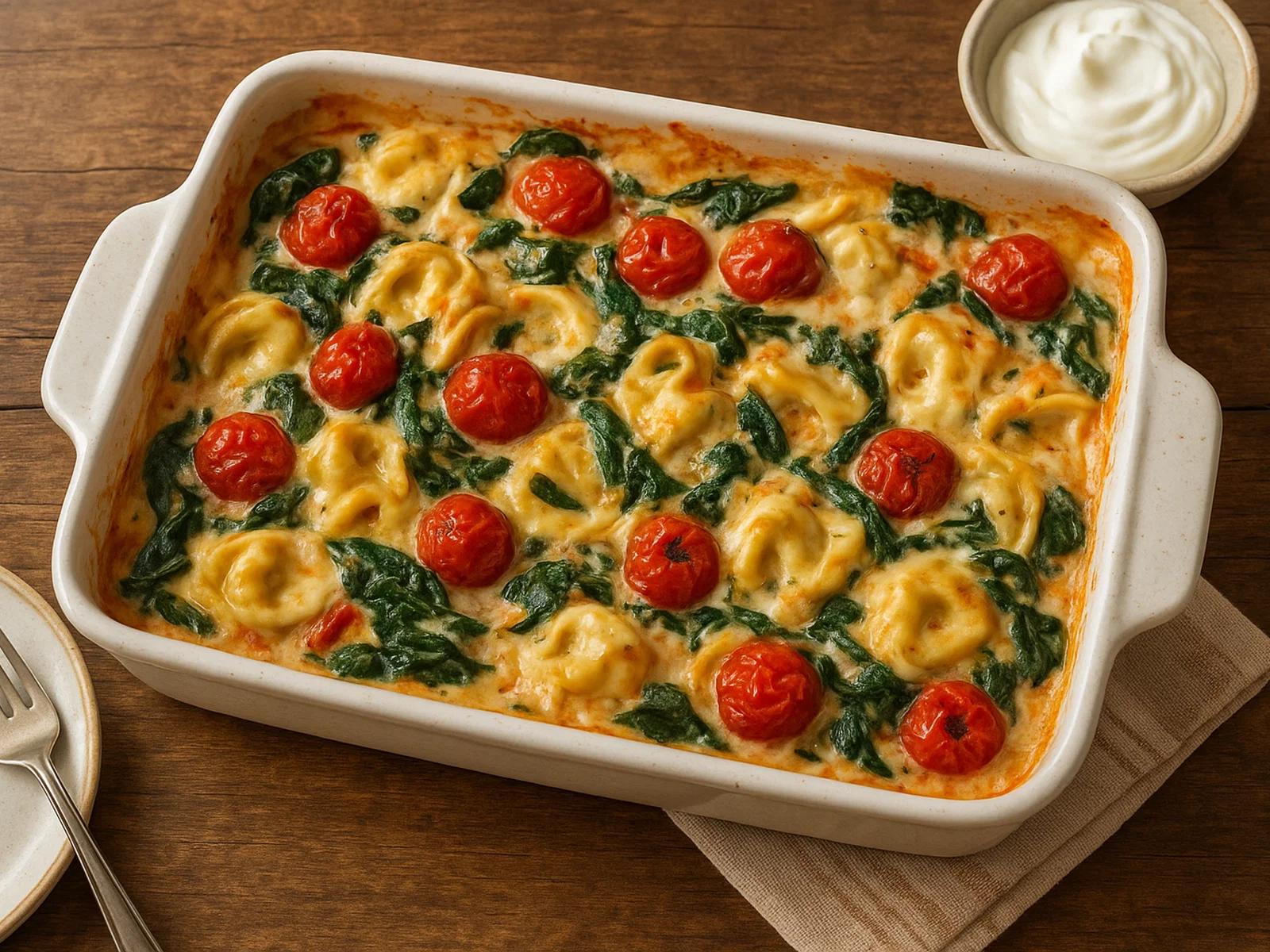 Vegetarischer Tortellini-Auflauf mit Tomaten, Spinat und saurer Sahne