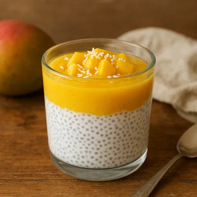 Kokos-Mango-Chia-Dessert im Glas