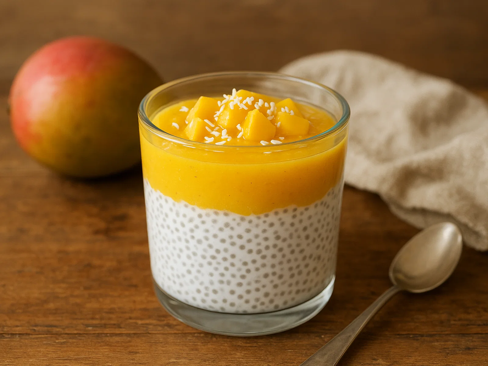 Kokos-Mango-Chia-Dessert im Glas