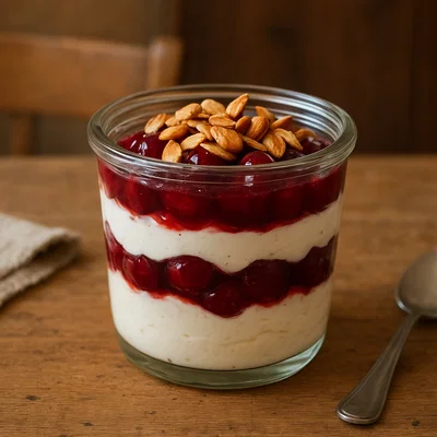 Kirsch-Quark-Dessert im Glas mit gerösteten Mandeln